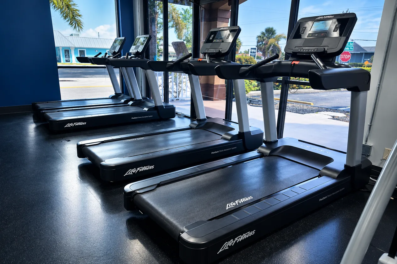 Row of treadmills and cardio machines along the front windows