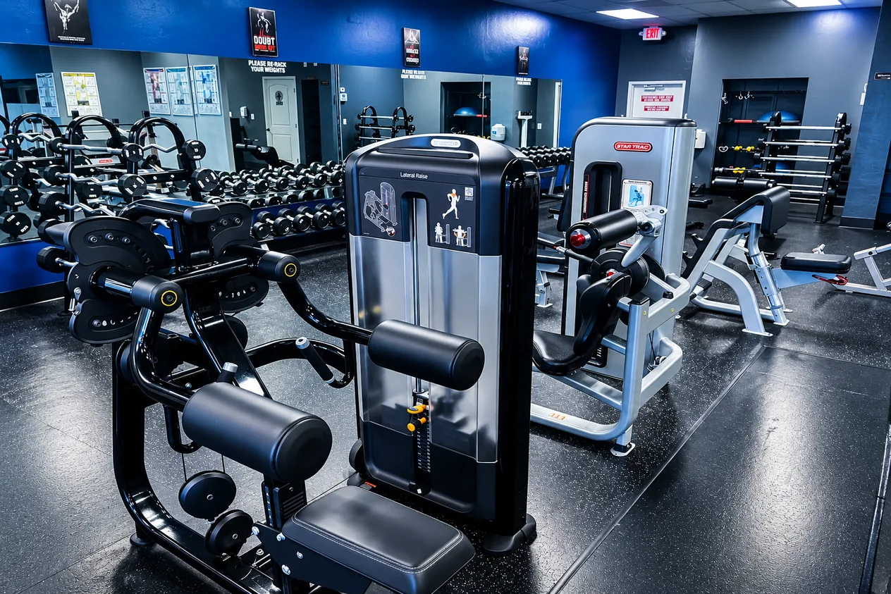 Dumbbell rack and adjustable benches in front of the mirrored wall at JV Fitness