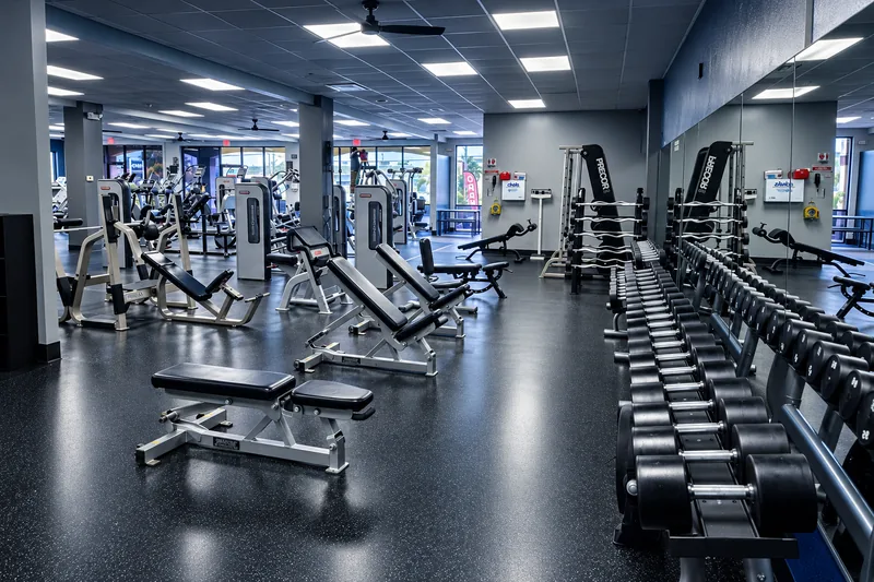 Selectorized strength machines spaced across the floor