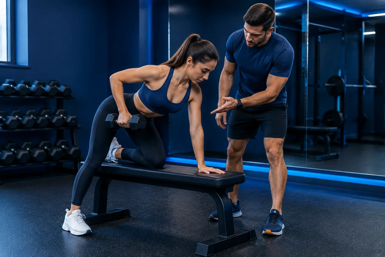 Rendering of a trainer coaching a client through a dumbbell row on a bench