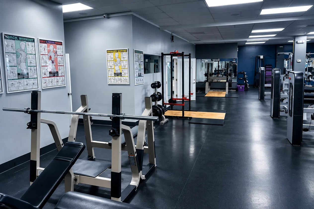 Squat rack, benches and plate-loaded machines on the black rubber floor at JV Fitness